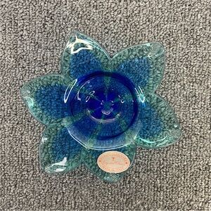 Murano Crystal Clear Blue Green Glass Candle Holder Lotus Flower Italy Handmade